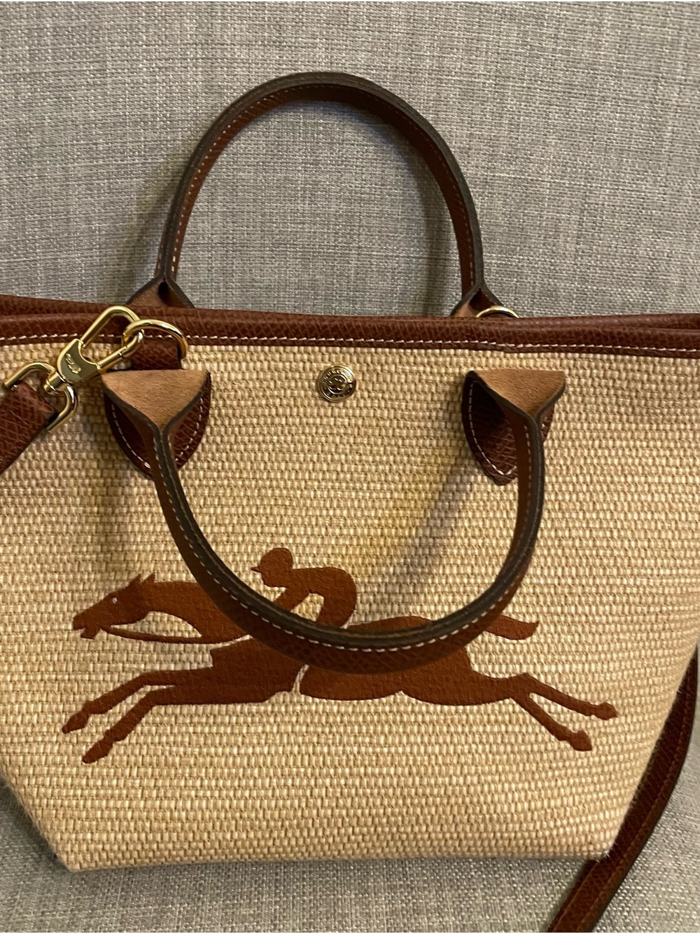 Longchamp Crossbody with Brown Leather Trim and Equestrian Motif